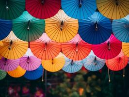 Colorful banner with a bunch of paper umbrellas generative ai photo