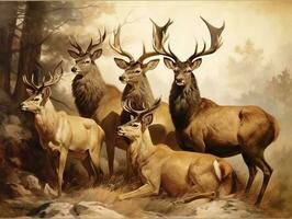 Deers illustration paintings of unique wall art generative ai photo