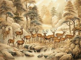 Deers illustration paintings of unique wall art generative ai photo