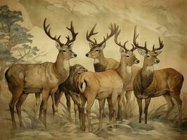 Deers illustration paintings of unique wall art generative ai photo