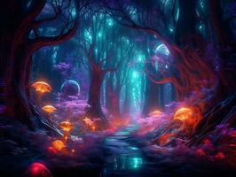 The fantasy of a neon forest glowing colorful like a fairytale generative ai photo