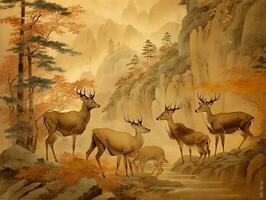 Deers illustration paintings of unique wall art generative ai photo