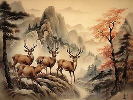Deers illustration paintings of unique wall art generative ai photo