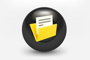 Black ball with file folder icon. 3d vector illustration