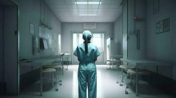 Doctor medical worker stands in the corridor in the hospital medical facility view from the back. AI generated photo