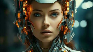 Connection of human woman and artificial intelligence robot. The concept of merging a person and a computer with neural networks in the future. AI generated photo