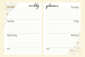 Weekly planner template with Fallen leaves. Printable Vector Autumn notebook sheets for planning with space for Notes. Cute Blank pages for Journal or Diary. Pastel colors collection.