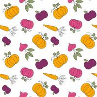 Harvest Vegetables seamless Pattern. Autumn Vector illustration with Pumpkin, Beet, Carrot isolated on white background. Colorful seasonal design template for textile, wallpaper, Wrapping paper, print