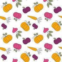 cosecha vegetales sin costura modelo. otoño vector ilustración con calabaza, remolacha, Zanahoria aislado en blanco antecedentes. vistoso estacional diseño modelo para textil, fondo de pantalla, envase papel, impresión