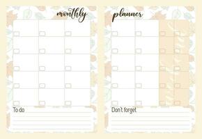 Montly Planner Printable template. Vector Notebook botanical pattern in pastel colors. Horizontal orientation sheet for Diary, Schedule, Journal with To do list and Don't forget. Blank pages for notes