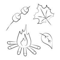 Autumn Doodle vector set. Trendy modern Minimalistic autumnal outline collection. Illustration isolated on white. Line art bonfire, leaves and marshmallow for poster, book picture, postcard, print.