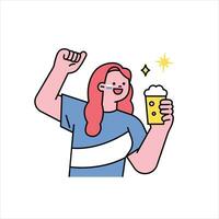 un niña es Bebiendo cerveza y aplausos. partidarios aplausos para un Deportes equipo. vector