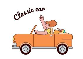 summer vacation car trip. Woman traveling in classic convertible car. vector