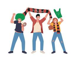 Three friends are cheering for a sports team with cheering tools. vector