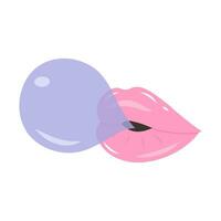 Sexy glossy lips with gum bubble. Female mouth inflates a bubble of chewing gum. vector