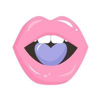 Open mouth with heart in it. Pink lips with a heart. vector