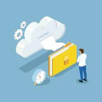 Isometric Virtual data storage. Business persons loading media content from clouds. illustrator vector