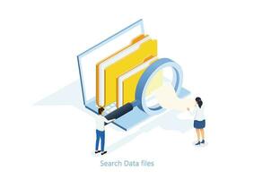 Business concept search data file. Businessman holding a magnifying glass on computer. Isometric vector. vector