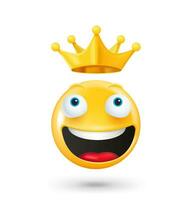 Yellow cute emoji face with golden crown. Happy king concept. 3d vector illustration