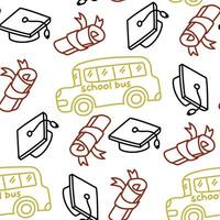 School bus pattern, graduate caps and diplomas in contour style. Texture with doodle elements on the theme of back to school and congratulations on graduation. School topics vector