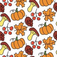 A pattern of autumn elements falling autumn leaves, berries, pumpkins, mushrooms, cones and others. Vector seamless pattern. Autumn cartoon children's texture