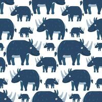 Seamless pattern in the form of cute rhinos. Funny hand-drawn animals. Creative children's background in Scandinavian style. Vector illustration of safari. Rhinoceros on white background