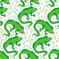 Vector seamless pattern with cute iguana on white background with doodle lines. An illustration of an animal character drawn by hand. Printing on textiles and paper