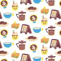 Pattern with the theme of breakfast in a coffee shop. Coffee with foam in a cup, sandwich, cupcake, signboard, cookies, teapot, signboard with the dishes of the day in cartoon style. Seamless vector