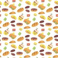 A pattern with a cartoon morning meal. Sandwich, cupcake, cookies, loaf, donut, macaroons. Morning snack, sweets, food with faces, cheerful. Packaging vector