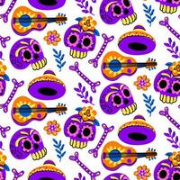 Muertos pattern with skull and guitar. The Day of the Dead holiday in Mexico. A face in the form of a skull with a floral pattern. Floral seamless. Seamless pattern for Halloween. Day of the Dead vector