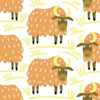 Seamless pattern in the form of cute Yaks. Funny hand-drawn animals. Creative children's background in Scandinavian style. Vector illustration. Yak on a white background