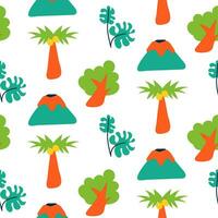 Tropical pattern with cartoon elements. Children's bright leaves, trees, palm trees, volcanoes in bright color. Seamless baby texture for printing on textiles and paper vector