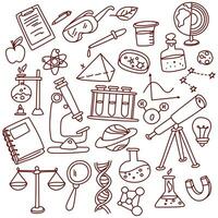 A set of hand-drawn vector contours on the topic of science, education and school. Doodle elements flask, book, notebook, microscope, planet, telescope, dna, magnet, test tubes, scales and others