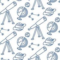 The doodle pattern is the science of astronomy. Texture for school. Back to school, astronomy lesson. Subjects for the astronomy lesson. Planets, stars, telescope, earth on a white background vector