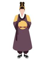 Cartoon illustration of a Korean man in a hanbok royal outfit. Traditional Korean costume on the guy. Poster, banner or label template for hanbok store vector