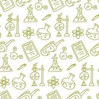 Pattern doodle science chemistry. Texture for chemistry. Back to school, chemistry lesson. Objects for the lesson flask, test tube, pen, glasses, notepad on a white background vector