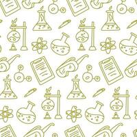 Pattern doodle science chemistry. Texture for chemistry. Back to school, chemistry lesson. Objects for the lesson flask, test tube, pen, glasses, notepad on a white background vector