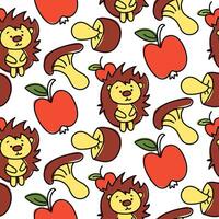 Pattern with cartoon hedgehog, apples, mushrooms in autumn style. Vector image of seamless pattern, endless pattern for children's goods on a white background