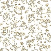 Christmas doodle items in a seamless pattern on a white background. Happy Winter Holiday texture. Happy New Year. Doodle outline of decorative design elements in retro style. Printing on packaging vector