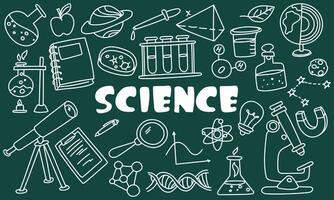 A set of hand-drawn vector contours on the topic of science, education and school. Doodle elements flask, book, notebook, microscope, planet, telescope, dna, magnet, test tubes with inscription