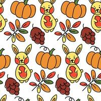 Seamless vector pattern with a forest rabbit, a cone, a pumpkin and elements of nature. Vector illustration for fabric, texture, wallpaper, poster, postcard. Editable elements. Autumn design