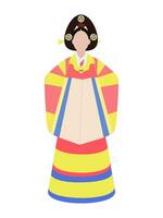 Cartoon illustration of a Korean woman in hanbok with natural motifs. Traditional Korean costume on a girl. Poster, banner, or label template for the hanbok store vector