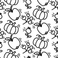 Vector seamless pattern of black contours of autumn harvest, pumpkin, rowan, apple, cranberry in the style of doodles. Contour background, texture. Autumn Harvest, Happy Autumn, Thanksgiving