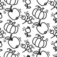 Vector seamless pattern of black contours of autumn harvest, pumpkin, rowan, apple, cranberry in the style of doodles. Contour background, texture. Autumn Harvest, Happy Autumn, Thanksgiving