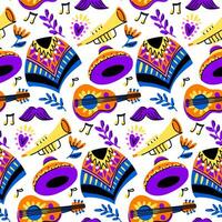 Muertos pattern with musical instruments. The Day of the Dead holiday in Mexico. Poncho, hat, guitar, mustache, pipe with notes and flowers. Seamless pattern for Halloween. Day of the Dead Festival vector