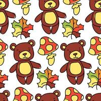 A pattern with cartoon brown bears, autumn leaves and fly agaric mushrooms in the autumn style. Vector image of seamless pattern, endless pattern for children's goods on a white background