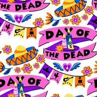 Muertos pattern with inscription. The Feast of the Dead in Mexico. Hat, flags, flowers, candles with a floral pattern. Floral seamless. Seamless pattern for Halloween. Day of the Dead vector