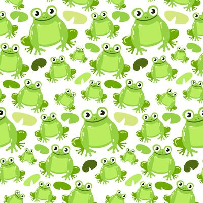 Seamless frog pattern. Cartoon cute frogs for kids repeat the texture. green frogs and leaves from a water lily in a swamp. Printing on textiles and paper. children's clothing