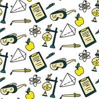 Science pattern in doodle style with color. The texture of science in color. Apple, glasses, notes, pen, experiment, flask, pipette on a white background vector