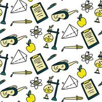 Science pattern in doodle style with color. The texture of science in color. Apple, glasses, notes, pen, experiment, flask, pipette on a white background vector